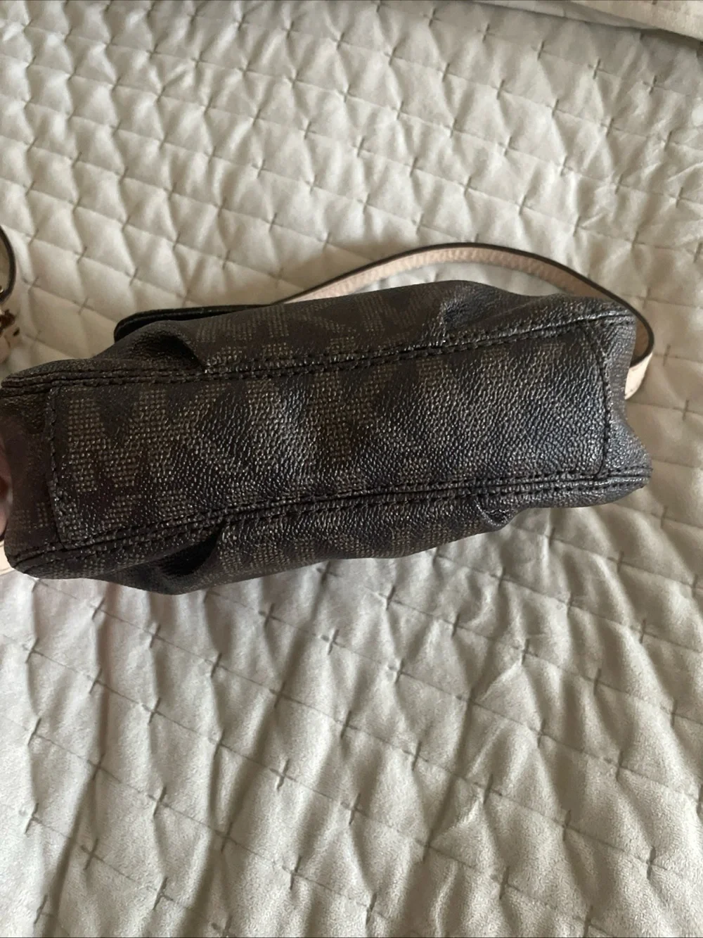 Michael Kors Brown Logo Crossbody with Pale tan Strap and Gold Plaque